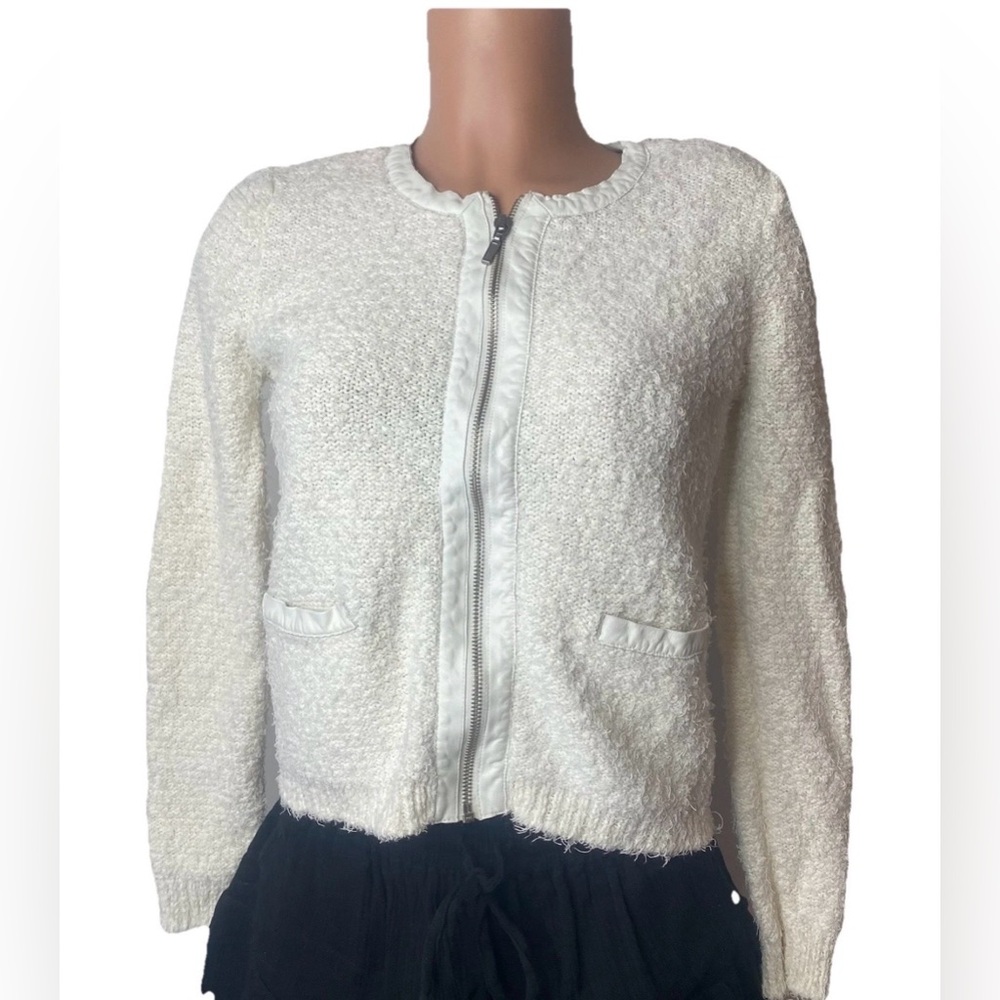 JOIE “Jacolyn” Boucle Knit Full Zip Jacket Blazer Leather Trim Ivory White Small